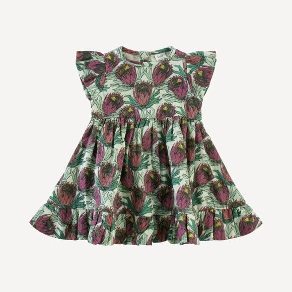 NWT Kate Quinn Flutter Sleeve Pinafore Dress Large Proteas Organic Cotton 12-18m - Picture 1 of 3